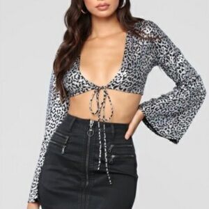 Fashion Nova Metallic Silver Tie Crop Top